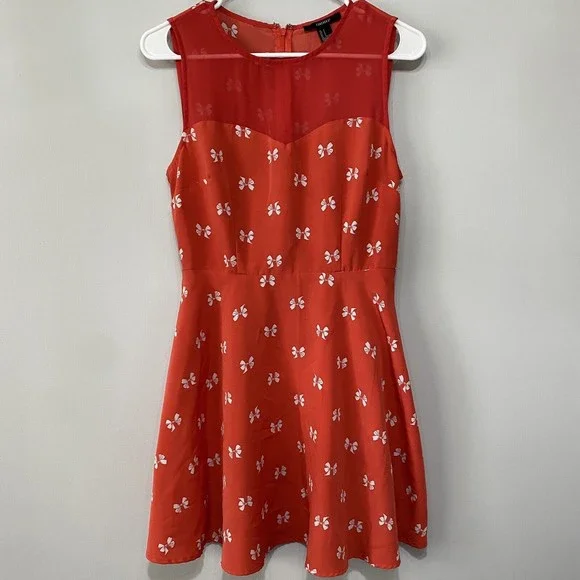 Forever 21 Dress Red Bow Fit & Flare Print White Sheer Sweetheart Neck Sz  Small